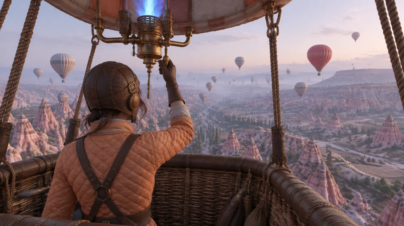 Dari dalam gondola: Ilke membuka katup pemanas, lembah dan puluhan balon di bawah.
